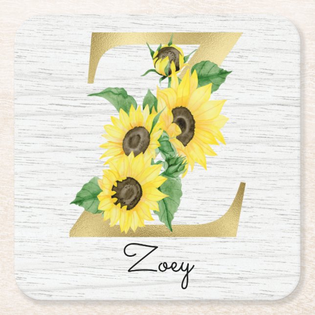 Mit Monogramm Sonnenblumen-Blumengestein Z Rechteckiger Pappuntersetzer (Vorderseite)