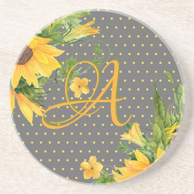 Mit Monogramm Sonnenblumen Gelb-Grau-Dekoration Getränkeuntersetzer (Vorne)