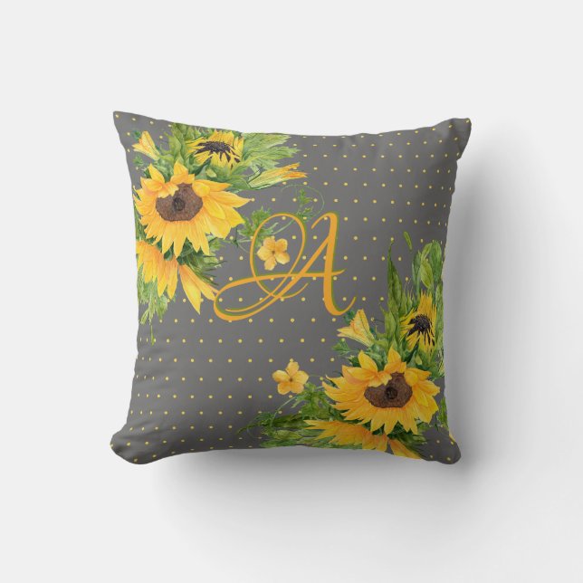 Mit Monogramm Sonnenblumen Gelb-Grau-Dekoration Kissen (Vorderseite)