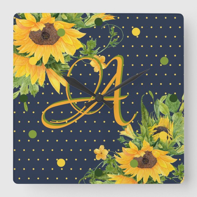 Mit Monogramm Sonnenblumen Navy Blue Yellow Deco Quadratische Wanduhr (Vorderseite)