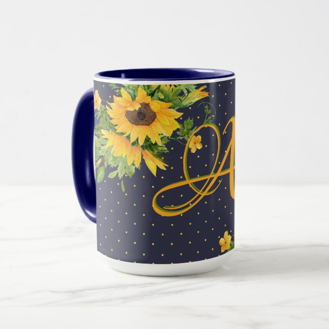 Mit Monogramm Sonnenblumen Navy Blue Yellow Deco Tasse (Vorderseite Links)