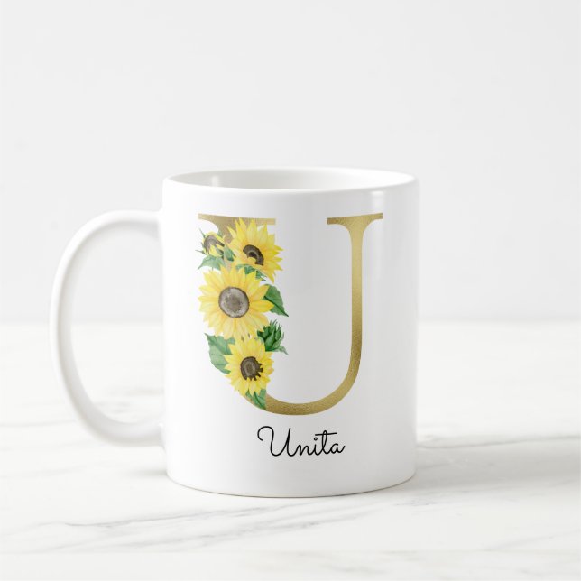 Mit Monogramm Sonnenblumenblume, erste U Kaffeetasse (Links)