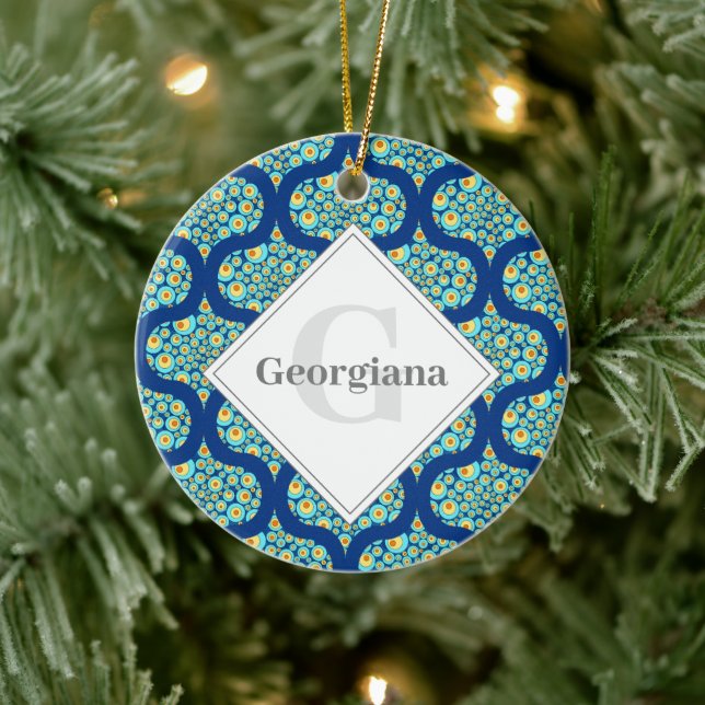 Mit Monogramm Starry Night on Sea Doodle Ogee Keramik Ornament (Baum)