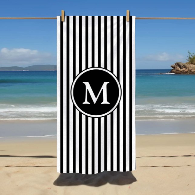 Mit Monogramm Streifen Strandtuch (Monogrammed Black & White Stripes Beach Towel)