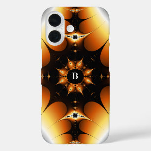 Mit Monogramm symmetrisches Schwarz-Orange-Fraktal iPhone 16 Hülle