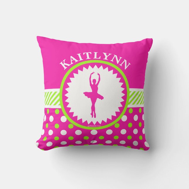 Mit Monogramm Tänzer rosa und grüne Polka-Punkte Kissen (Vorderseite)