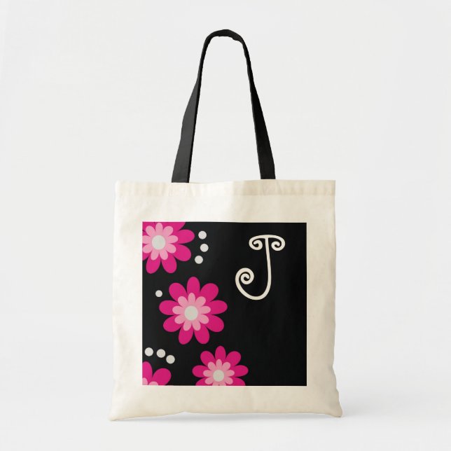 Mit Monogramm Taschentaschen:: Rosa Blumen Tragetasche (Vorne)