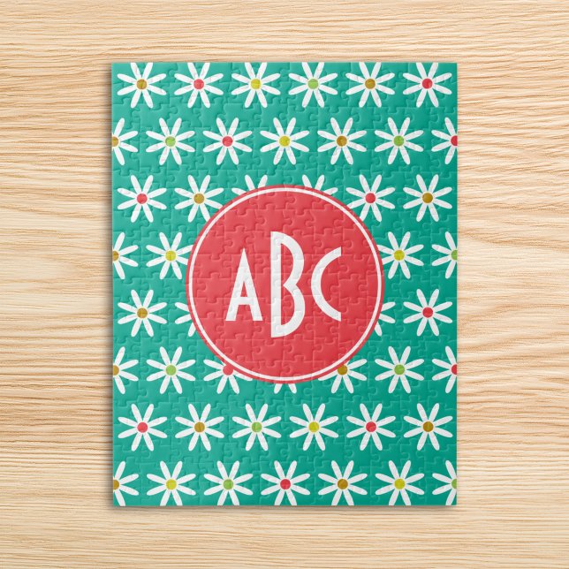 Mit Monogramm Teal Gänseblümchen Punkte (Monogrammed Teal Daisy Dots Jigsaw Puzzle)