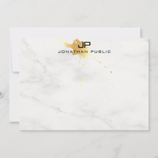 Mit Monogramm Template Weißer Marmor Elegantes Gol Mitteilungskarte (Vorderseite)