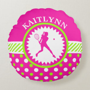 Mit Monogramm Tennis-Rosa - grüne Polka-Punkte Rundes Kissen