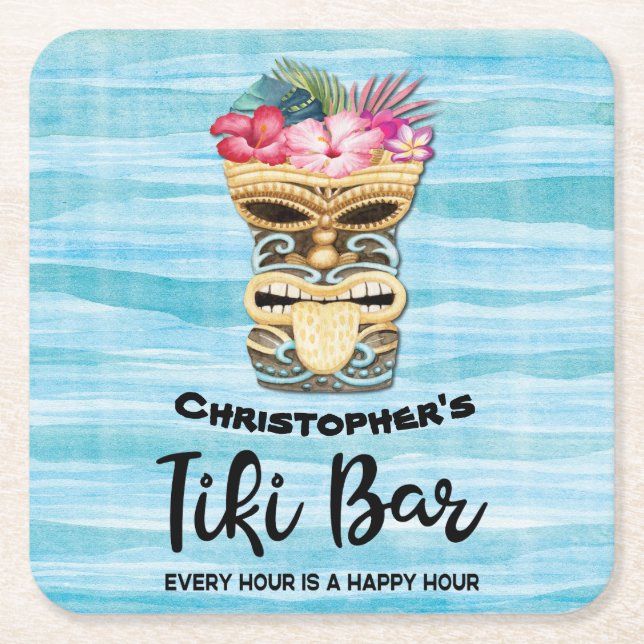 Mit Monogramm Tiki Bar Party Rechteckiger Pappuntersetzer (Vorderseite)