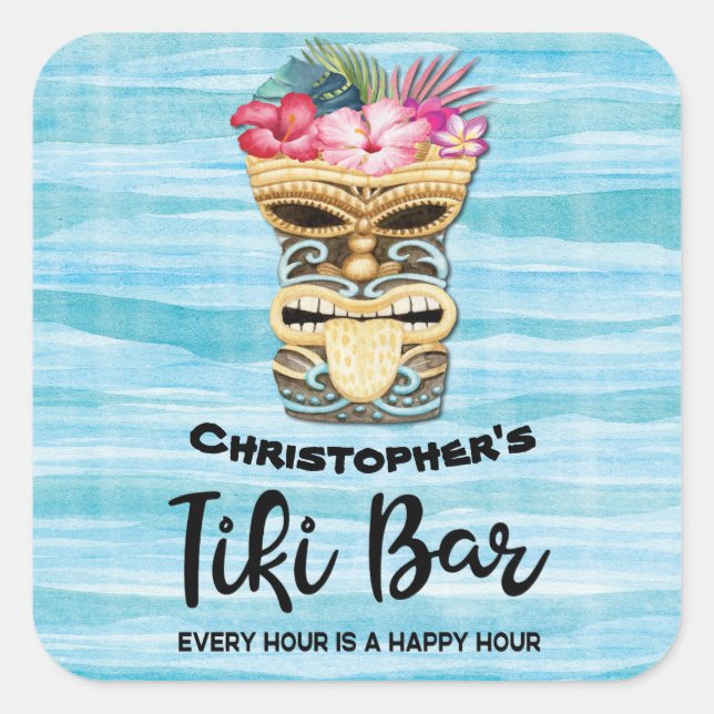 Mit Monogramm Tiki Bar Quadratischer Aufkleber (Vorderseite)