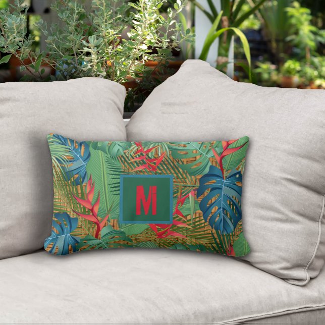 Mit Monogramm Tropenflora auf Wicker Print Lendenkissen (Monogrammed Tropical Floral on Wicker Print Lumbar Pillow - 2 more sizes in our collection)