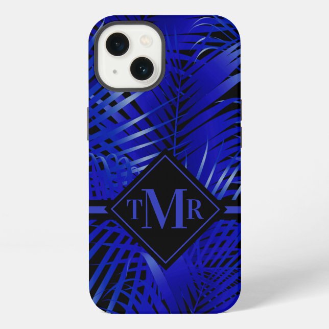 Mit Monogramm Tropical Blue Palm iPhone Hülle (Rückseite)