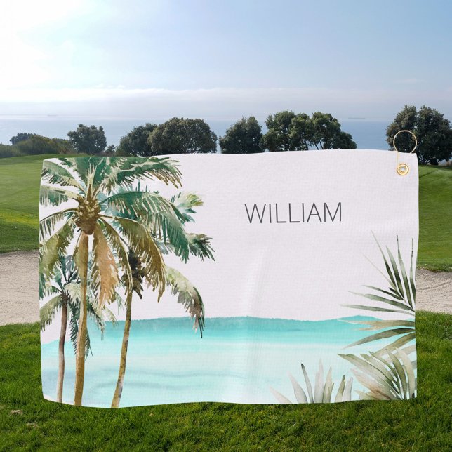 Mit Monogramm tropische Palmen Blätter Blue Beach Golfhandtuch (In situ)