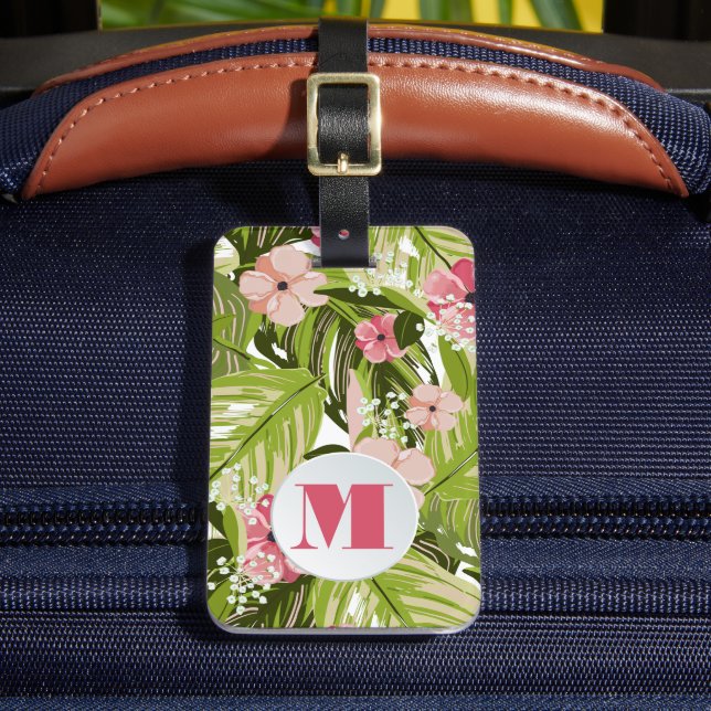 Mit Monogramm tropische Pflanze Blumenmuster Gepäckanhänger (Vorderseite Insitu 2)