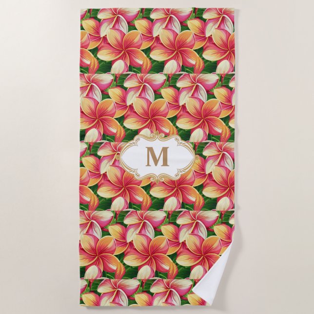 Mit Monogramm tropische Rosa-Blume auf Waldgrün Strandtuch (Vorderseite)