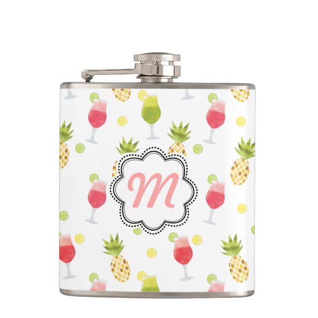 Mit Monogramm tropisches Cocktail- und Fruchtmuste Flachmann (Vorderseite)