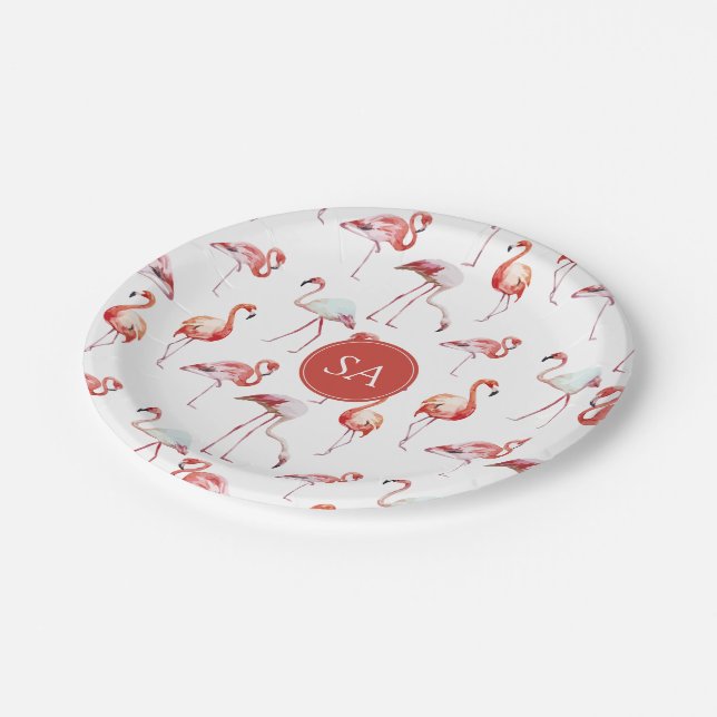 Mit Monogramm tropisches Rosa Flamingo Pappteller (Schrägansicht)