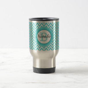 Mit Monogramm Türkis-Blau-Zickzack mit Reisebecher