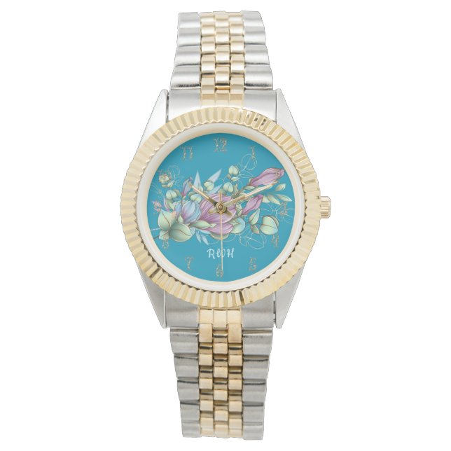 Mit Monogramm Uhr von Aquarellblumen (Vorderseite)