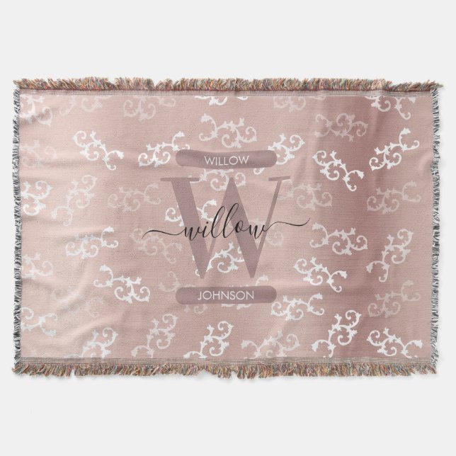 Mit Monogramm Vintage Rose Gold Damask Muster Decke (Vorderseite)