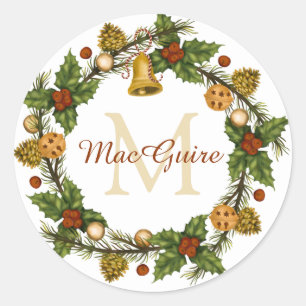 Mit Monogramm Vintager Eleganter Weihnachtskranz Runder Aufkleber