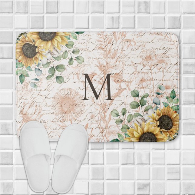 Mit Monogramm Vintages Sonnenblumendekoupage Badematte (In situ on bathroom floor)
