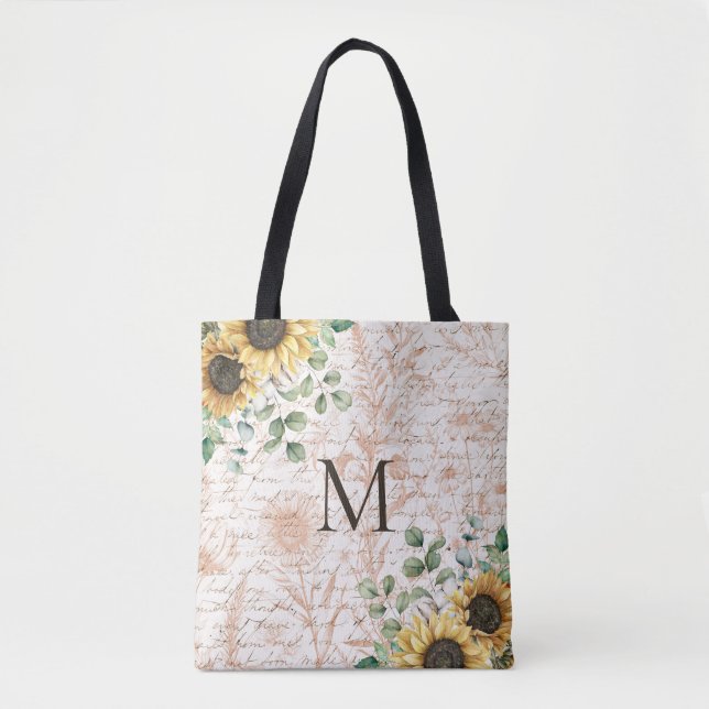 Mit Monogramm Vintages Sonnenblumendekoupage Tasche (Vorderseite)