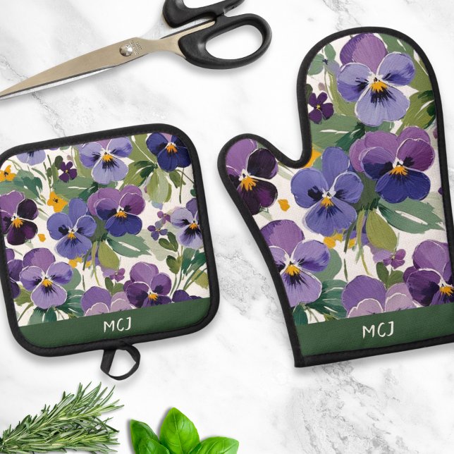Mit Monogramm Violett-Blume Hübsche Gemusterte Blü Ofenhandschuh & Topflappen-Set (A monogrammed pot holder and matching single oven glove, with elegant violets floral design)
