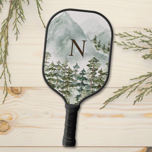 Mit Monogramm Wald und Gebirgslandschaft Wasserfar Pickleball Schläger (Close up)