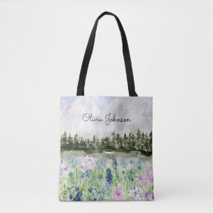 Mit Monogramm Wasserfarbe Blau Lila Blume Wiese Tasche