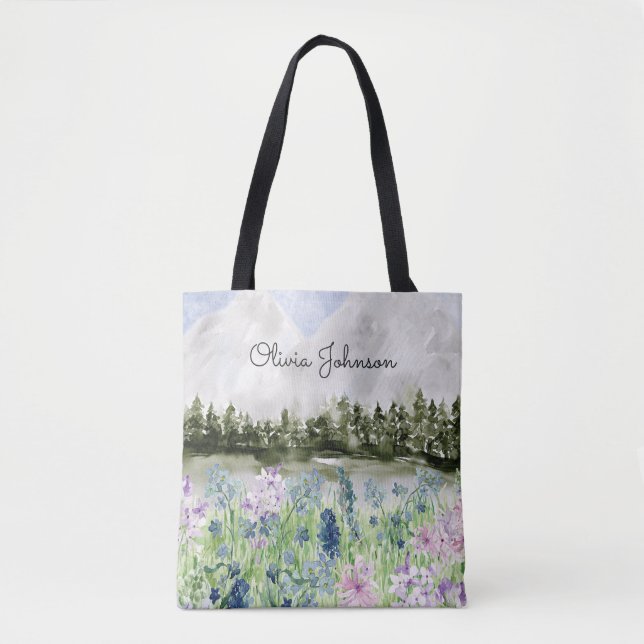 Mit Monogramm Wasserfarbe Blau Lila Blume Wiese Tasche (Vorderseite)