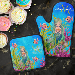 Mit Monogramm Wasserfarbe Meerjungfrau Aquamarine Ofenhandschuh & Topflappen-Set