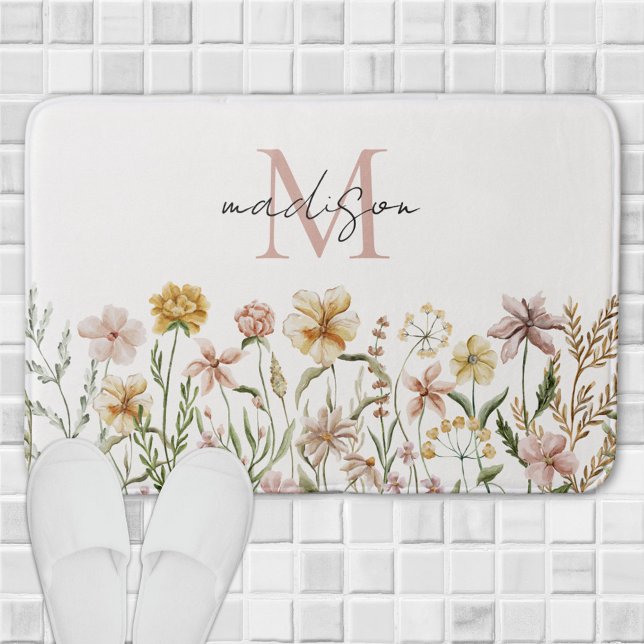 Mit Monogramm Wasserfarbe Wildblume Wiese Badematte (In situ)