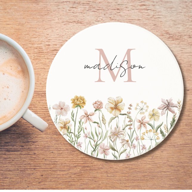 Mit Monogramm Wasserfarbe Wildblume Wiese Getränkeuntersetzer (In situ)