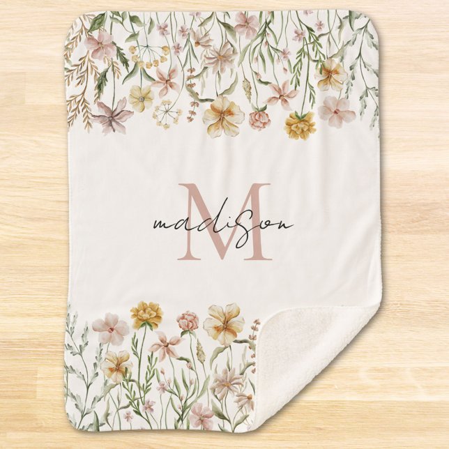 Mit Monogramm Wasserfarbe Wildblume Wiese Sherpadecke (Close up)