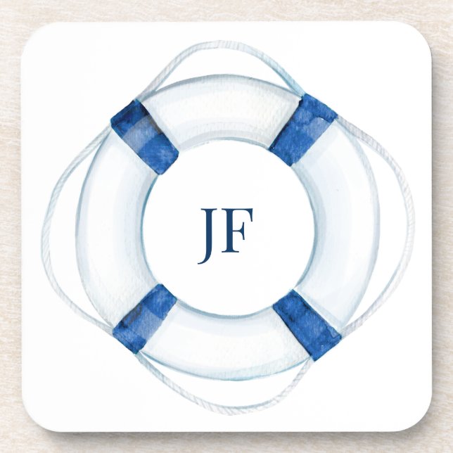 Mit Monogramm Wasserfarbenboot Lifebuoy Getränkeuntersetzer (Vorderseite)