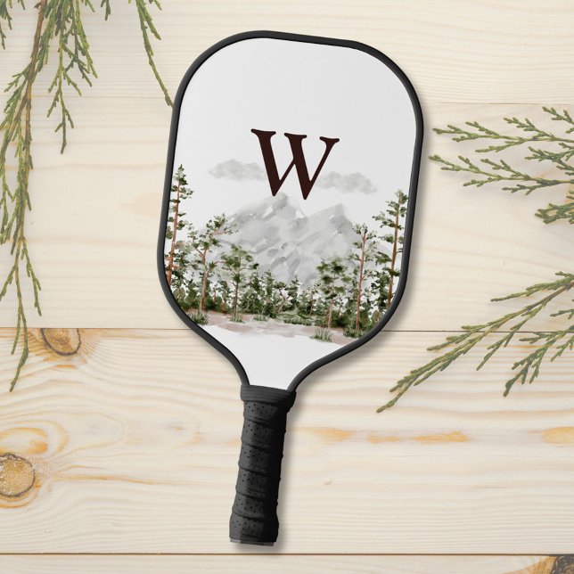 Mit Monogramm Wasserfarbengebirge und Wald Pickleball Schläger (Close up)