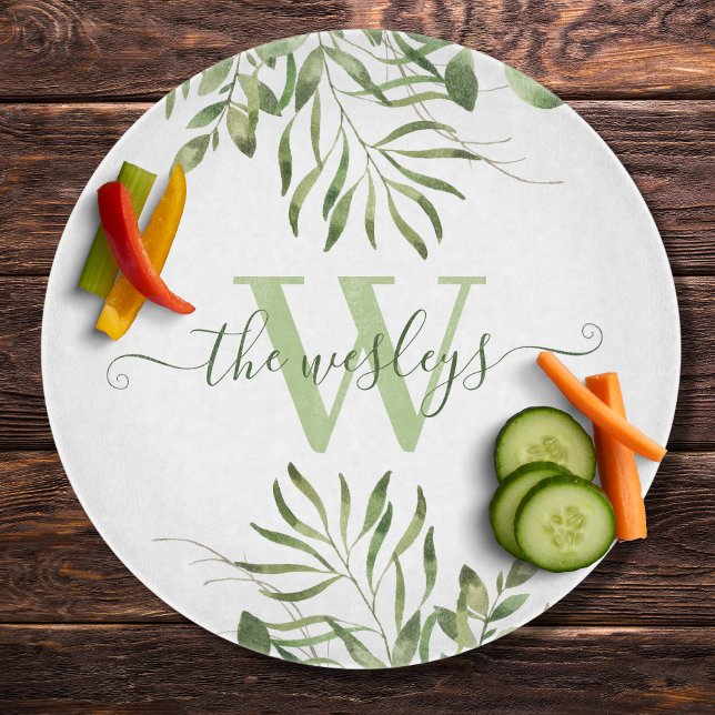Mit Monogramm Watercolor Leaf Cutting Board Schneidebrett (Von Creator hochgeladen)