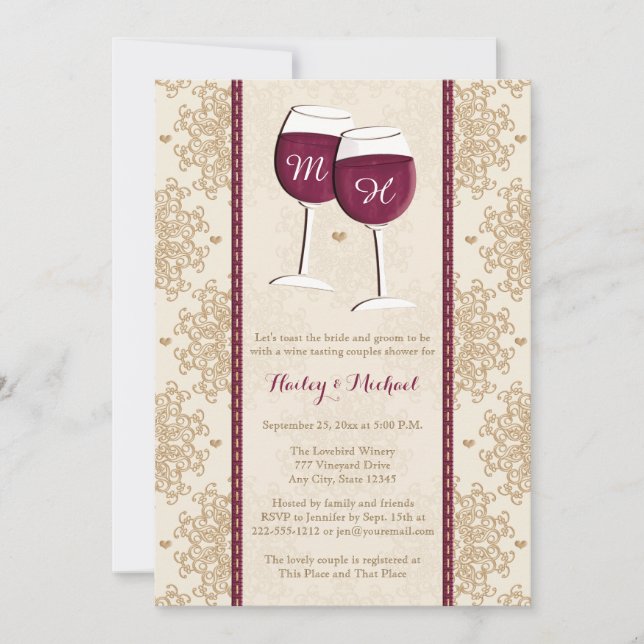 Mit Monogramm Wein-Glas-Paar-Polterabend Einladung (Vorderseite)