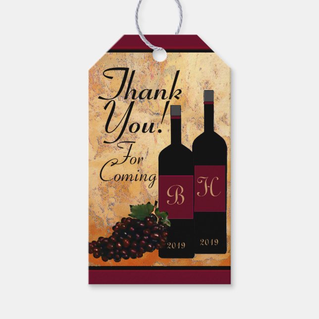 Mit Monogramm Weinflaschen und Trauben Vielen Dank Geschenkanhänger (Vorderseite)
