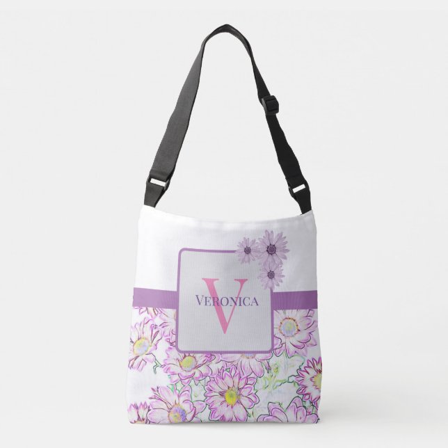 Mit Monogramm, weiße und Lila Totbeutel Tragetaschen Mit Langen Trägern (Vorderseite)