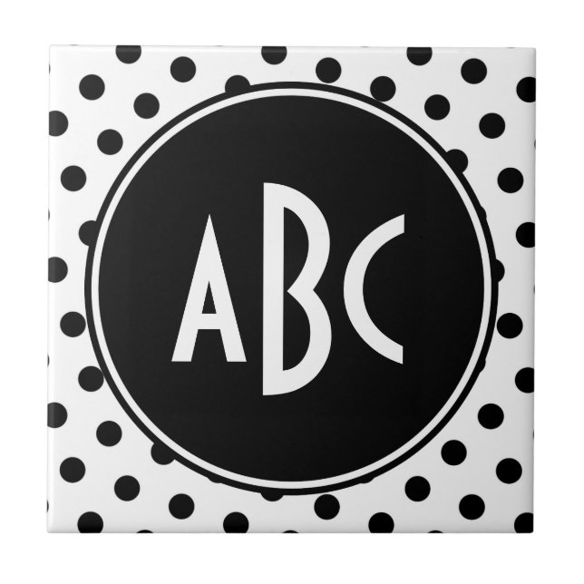Mit Monogramm weiße und schwarze Polka-Punkte Fliese (Vorderseite)