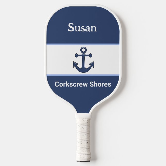 Mit Monogramm Weißer Navy-Blue-Anker Pickleball Schläger (Vorderseite)