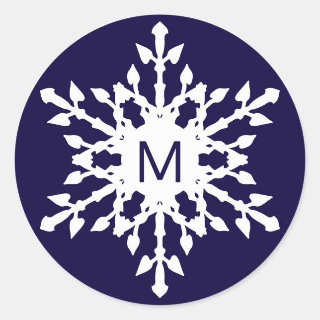 Mit Monogramm weißer Schneeflocken in Navy Blue Runder Aufkleber (Vorderseite)