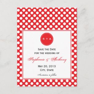 Mit Monogramm weißer und roter Polka Dot Save the  Ankündigungspostkarte