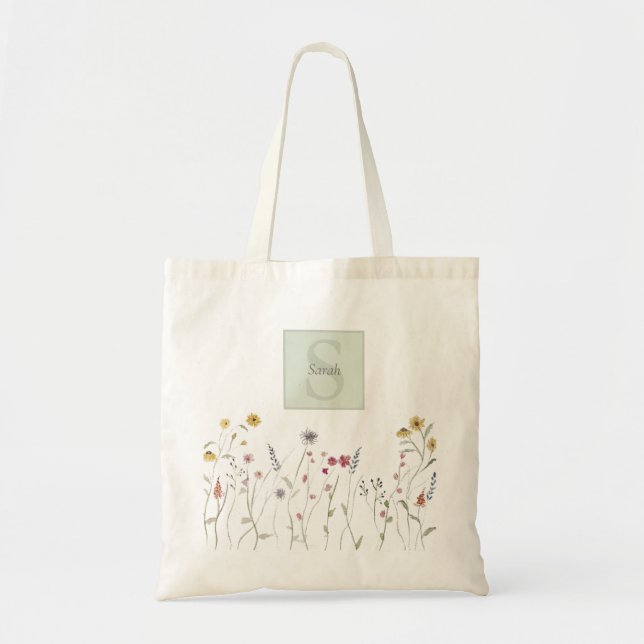 Mit Monogramm Whimsikfarben-Wildblume Tragetasche (Vorne)