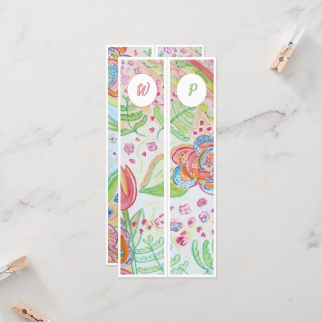 Mit Monogramm Whimsistische Blume Zwei Lesezeichen (Vorderseite/Rückseite Beispiel)