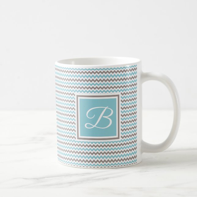 Mit Monogramm White Blue Gray Zickzack Kaffeetasse (Rechts)